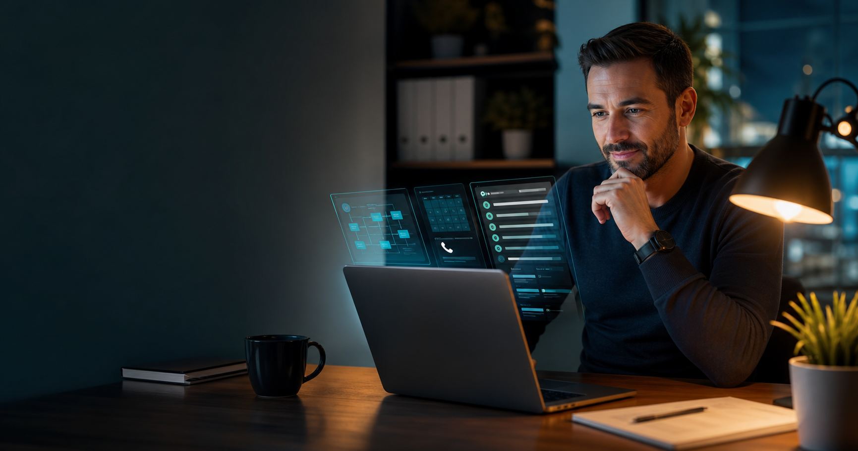 Small business owner reviewing AI operations dashboard